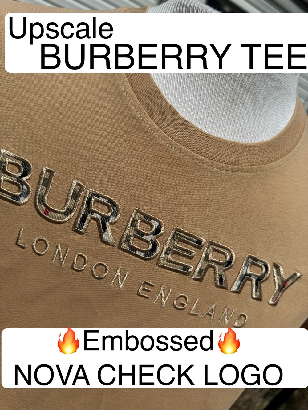 Burberry Camel NOVA CHECK Golden Embossed Embroidered Logo Tee Medium